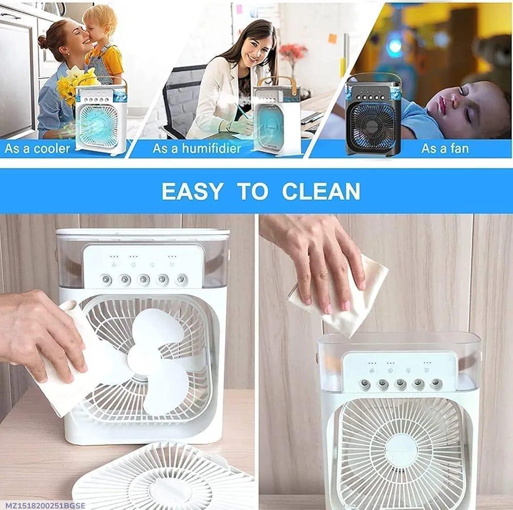 USB Mini Portable Air Cooler with 3 Wind Speed and 3 Spray Modes, Desktop Fan with a 7 colour LED light