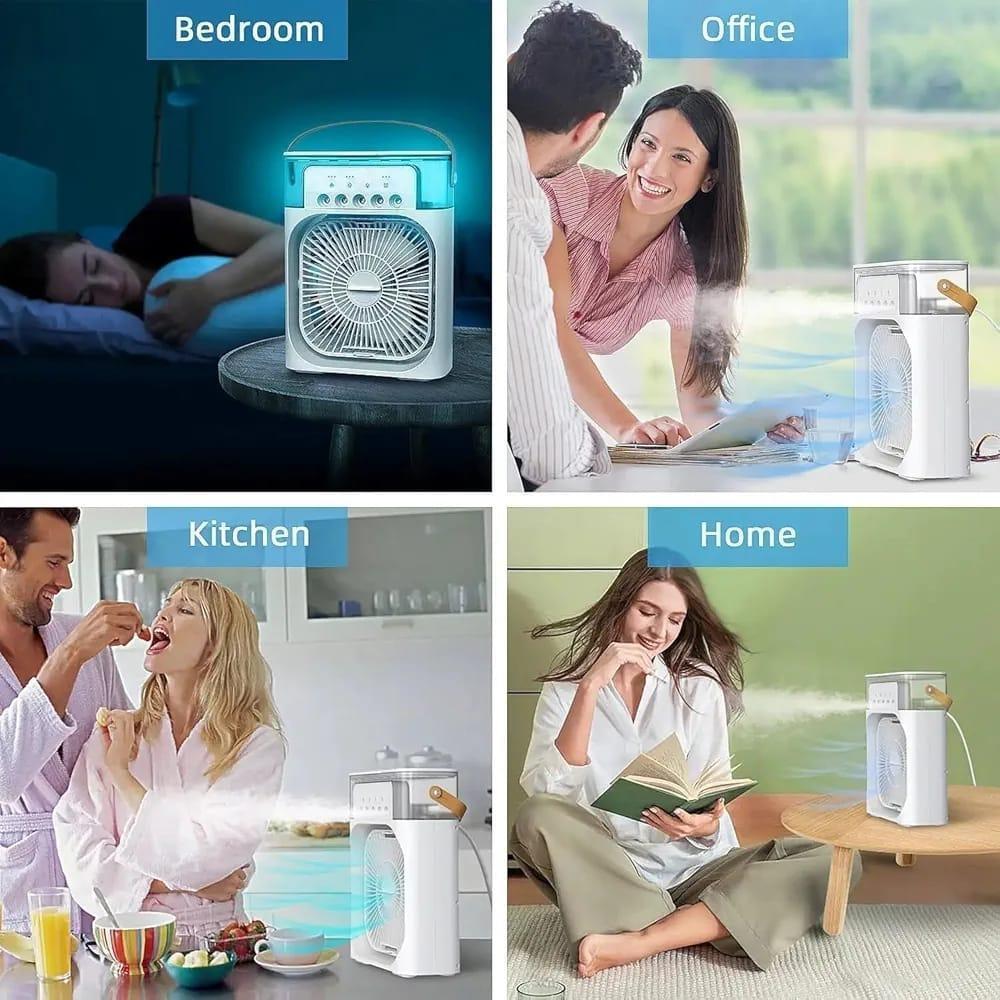 USB Mini Portable Air Cooler with 3 Wind Speed and 3 Spray Modes, Desktop Fan with a 7 colour LED light