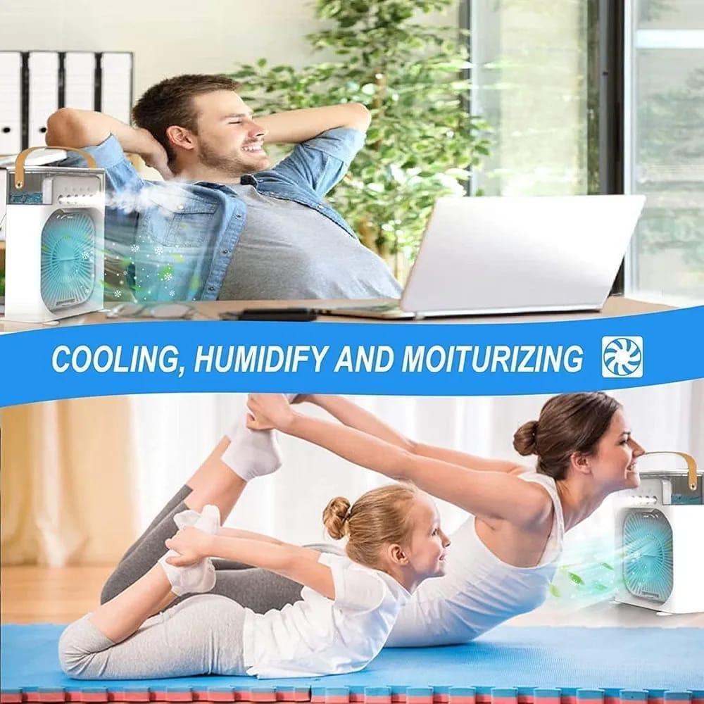 USB Mini Portable Air Cooler with 3 Wind Speed and 3 Spray Modes, Desktop Fan with a 7 colour LED light