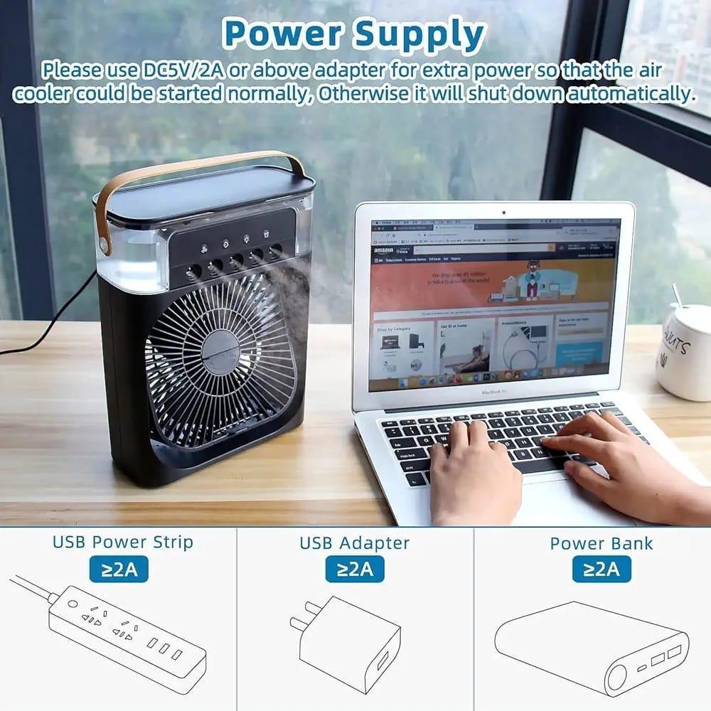 USB Mini Portable Air Cooler with 3 Wind Speed and 3 Spray Modes, Desktop Fan with a 7 colour LED light