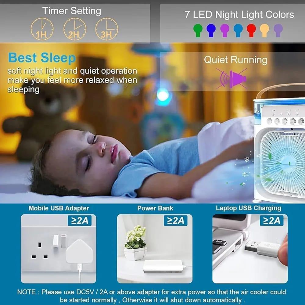 USB Mini Portable Air Cooler with 3 Wind Speed and 3 Spray Modes, Desktop Fan with a 7 colour LED light