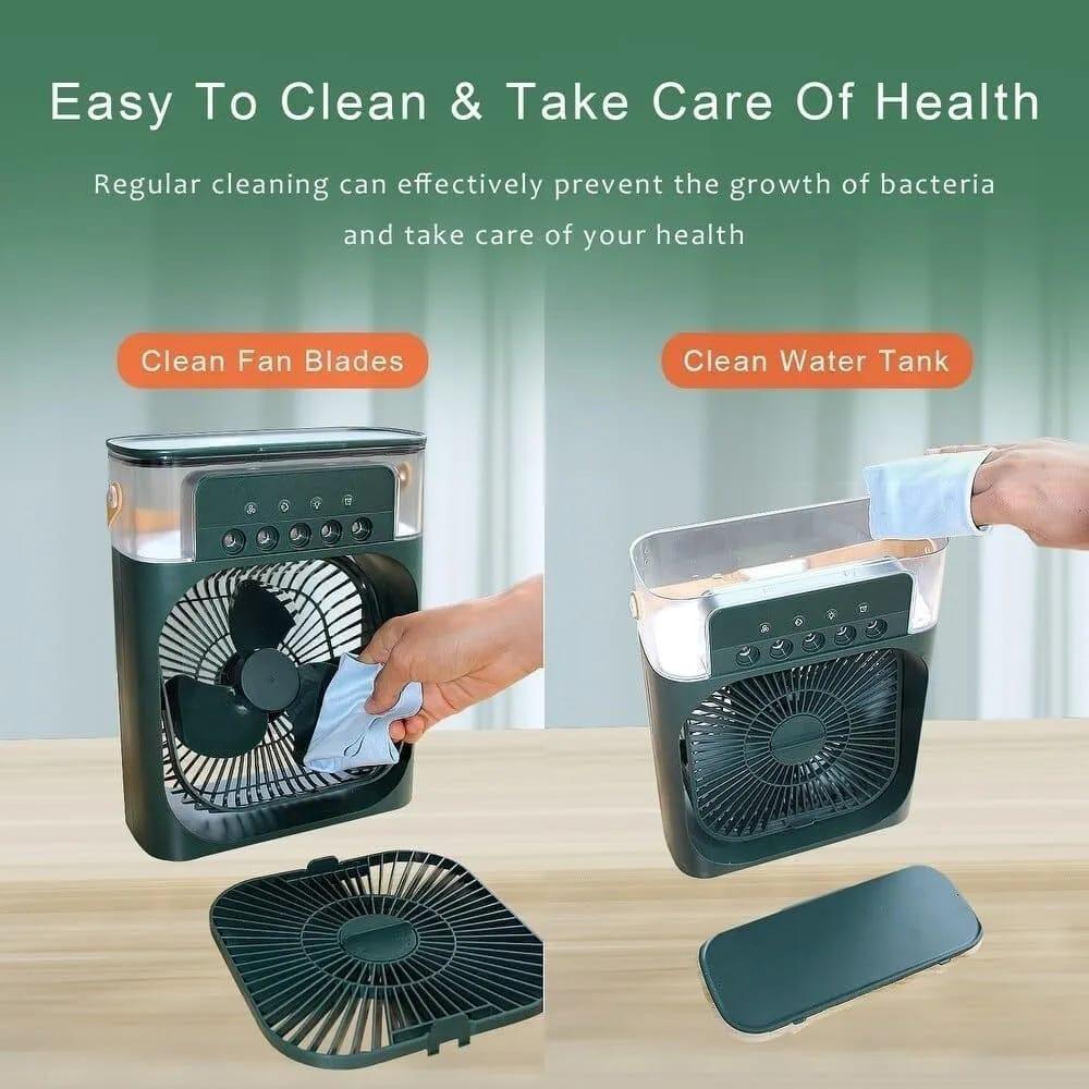USB Mini Portable Air Cooler with 3 Wind Speed and 3 Spray Modes, Desktop Fan with a 7 colour LED light