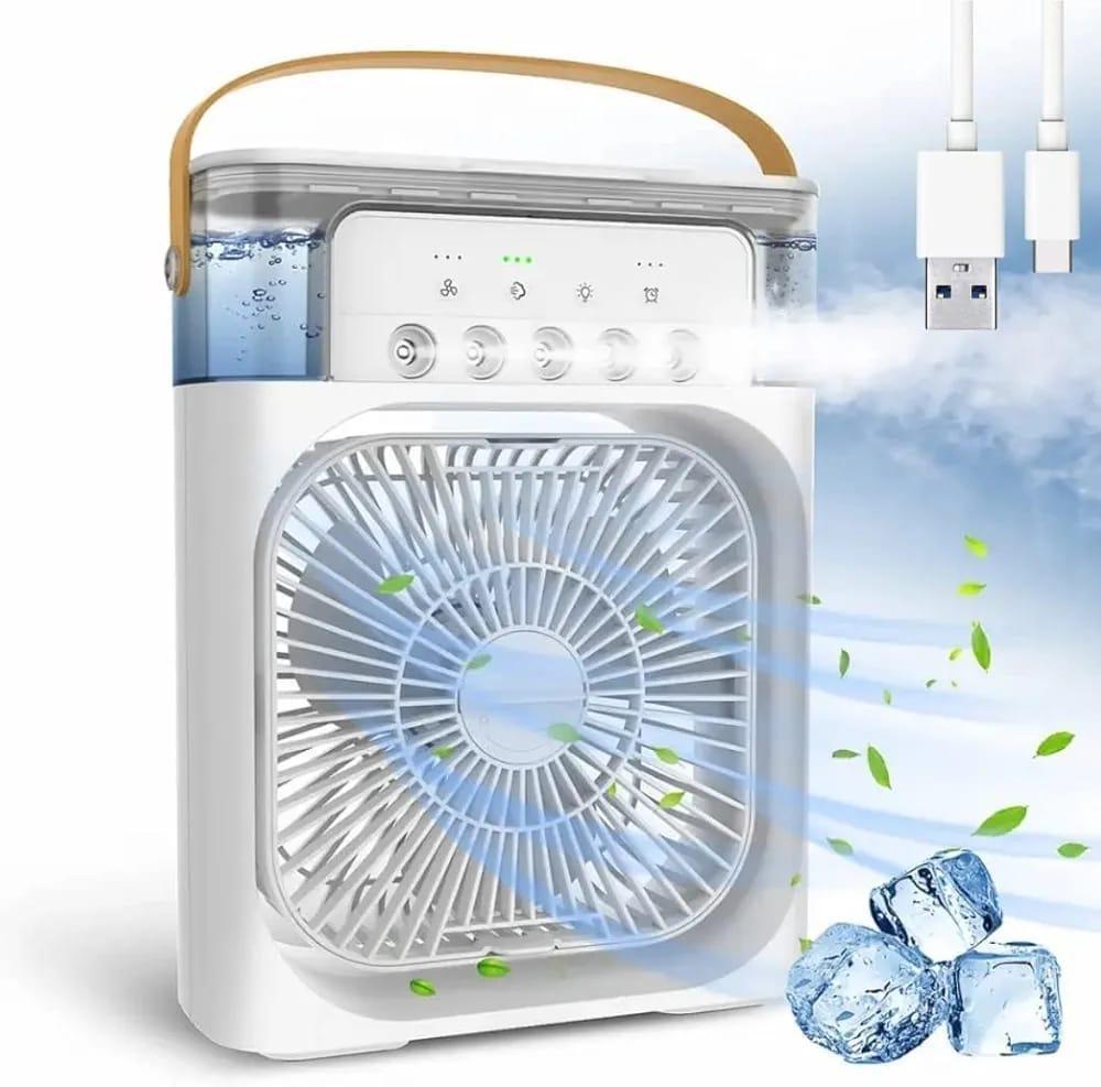 USB Mini Portable Air Cooler with 3 Wind Speed and 3 Spray Modes, Desktop Fan with a 7 colour LED light
