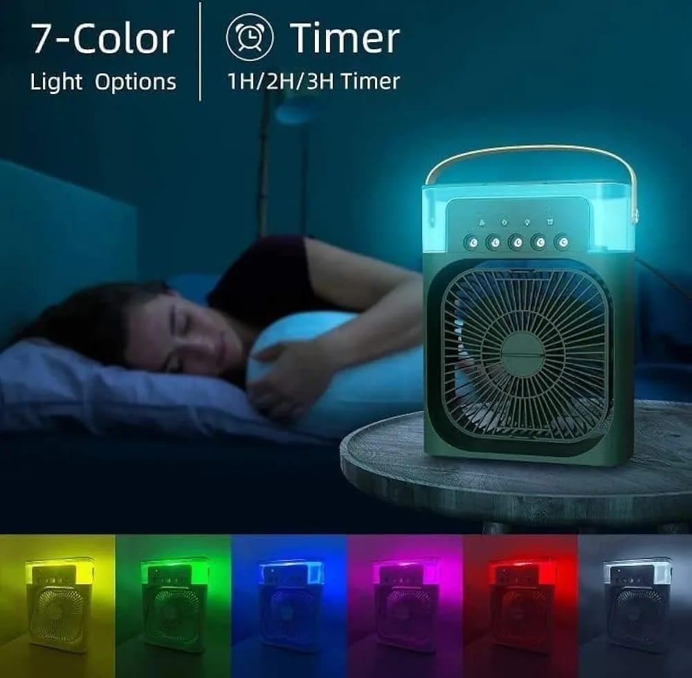 USB Mini Portable Air Cooler with 3 Wind Speed and 3 Spray Modes, Desktop Fan with a 7 colour LED light